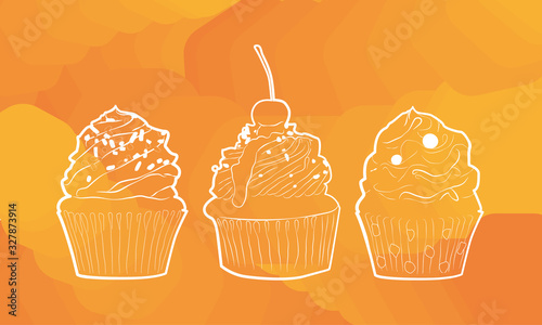 A vector set of cupcakes with different  frosting on top. Three silhouettes of hand drawn cupcakes with a cherry berry on top of one. Different muffin contours.  