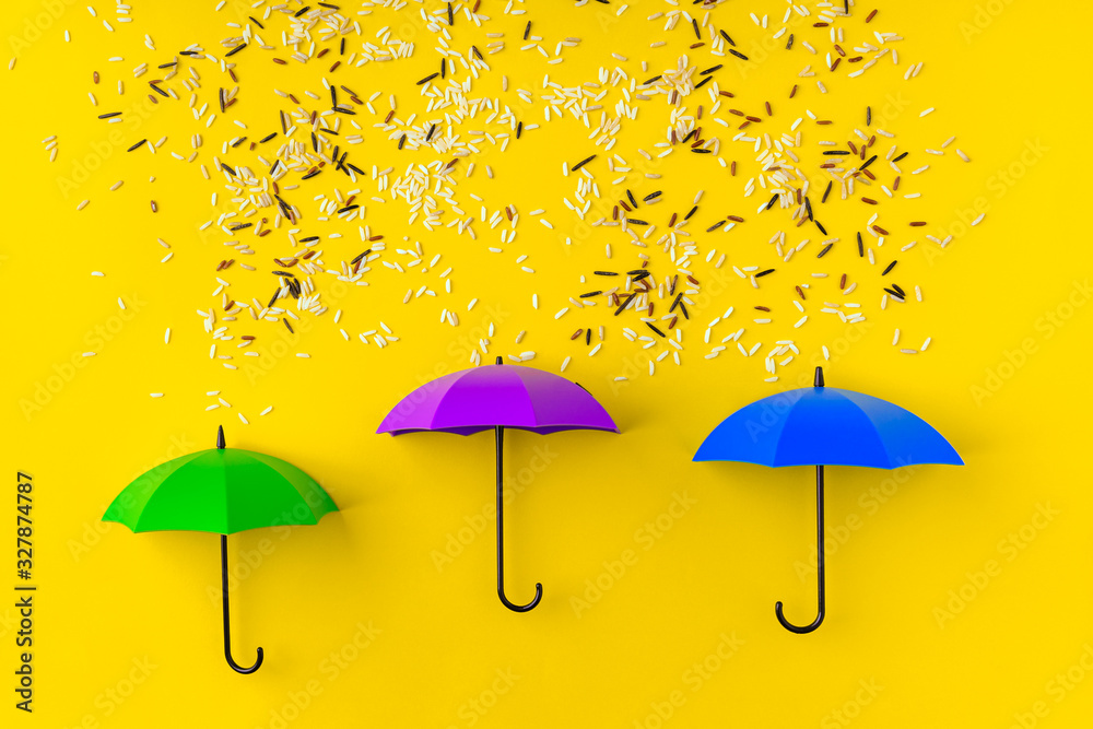 Different kinds of rice grains pouring on three toy umbrellas on yellow background. Artistic concept of spring rain