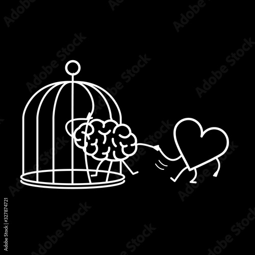 heart helping brain to escape from cage. Vector concept illustration of feelings support escaping imprisoned mind  | flat design linear infographic icon white on black background