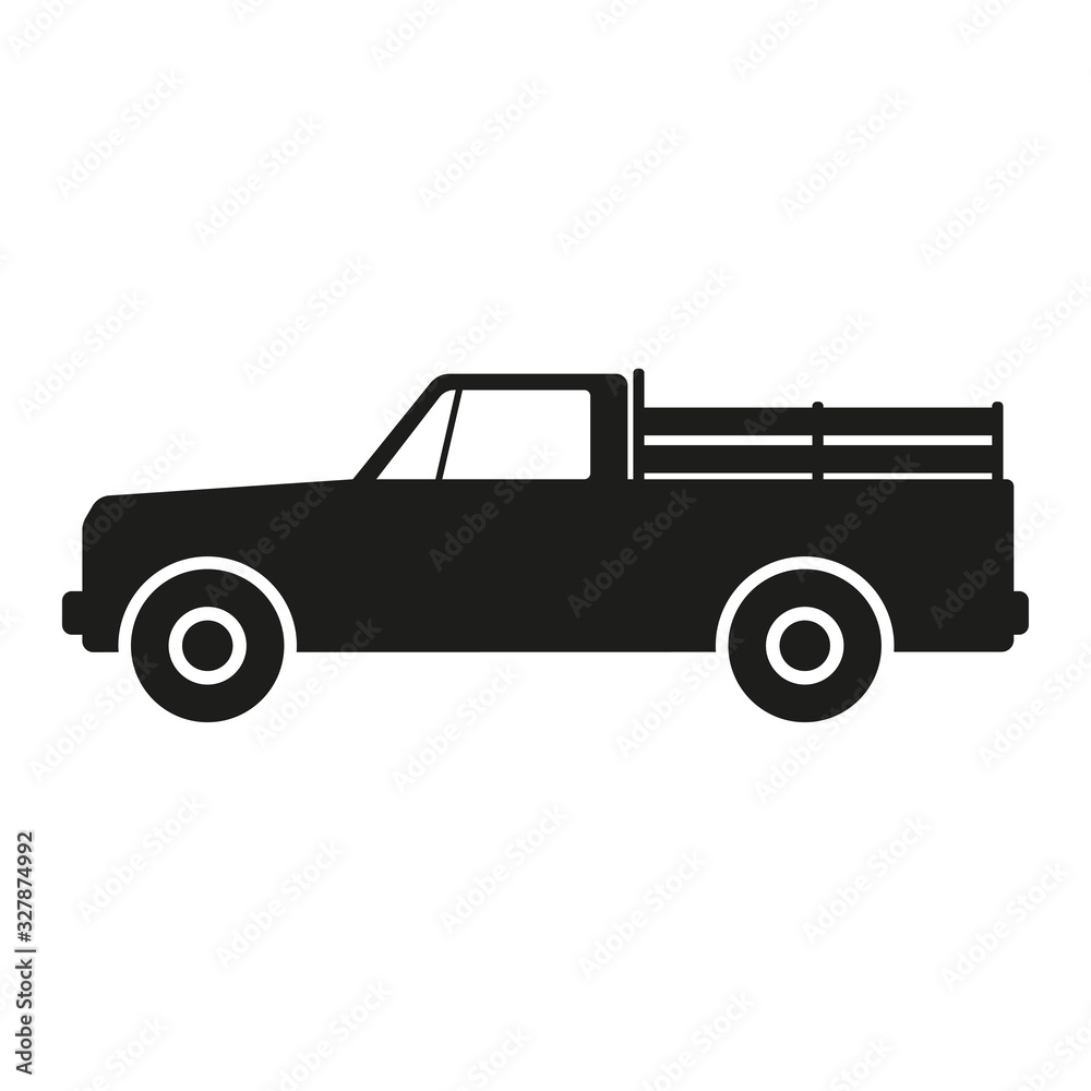 Pickup truck icon. Side view. Black silhouette. Vector graphic drawing. Isolated object on a white background. Isolate.