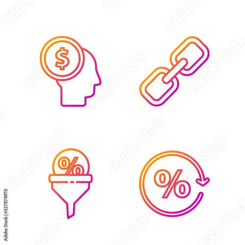 Set line Discount percent tag, Lead management, Business man planning mind and Chain link. Gradient color icons. Vector