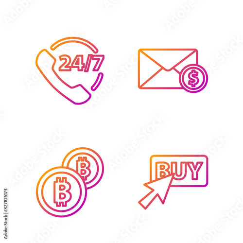Set line Buy button, Cryptocurrency coin Bitcoin, Telephone 24 hours support and Envelope with coin dollar. Gradient color icons. Vector