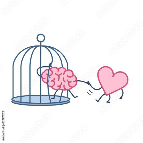 heart helping brain to escape from cage. Vector concept illustration of feelings support escaping imprisoned mind  | flat design linear infographic icon colorful on white background