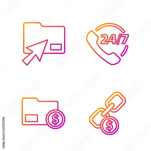 Set line Chain link and coin, Envelope with coin dollar, Cursor click document folder and Telephone 24 hours support. Gradient color icons. Vector