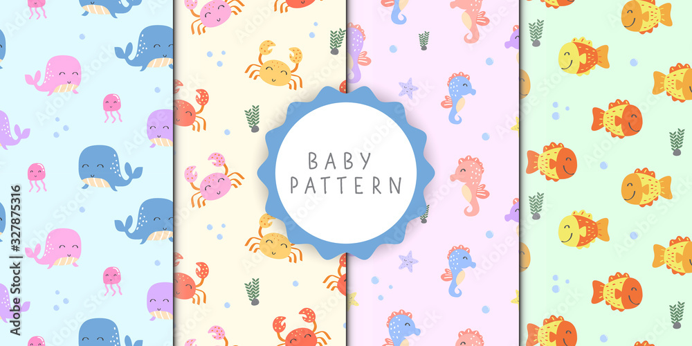 Set of baby pattern with sea animals concept in the soft backdrop Set of baby pattern with sea animals concept in the soft backdrop
