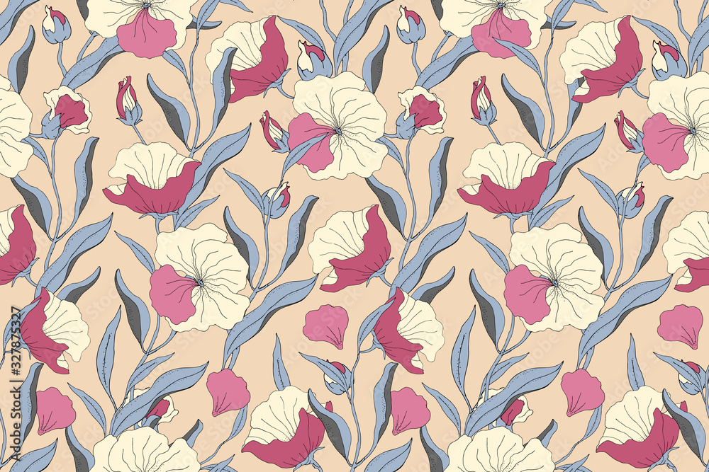 Art floral vector seamless pattern. Light yellow, pink flowers with blue branches, leaves and petals isolated on beige background. For home textiles, fabric, wallpaper, accessories, digital paper.