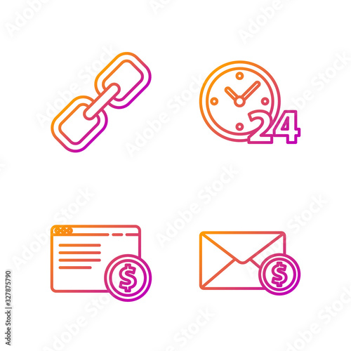Set line Envelope with coin dollar, Online shopping on screen, Chain link and Clock 24 hours. Gradient color icons. Vector