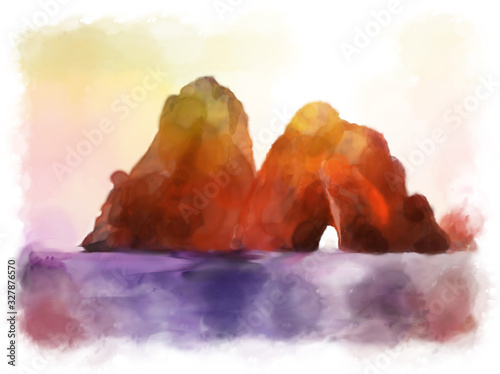 Watercolor illustration of Capri Island near Naples, Italy. Beautiful color image of a landscape with sea, mountains and bright sky. 