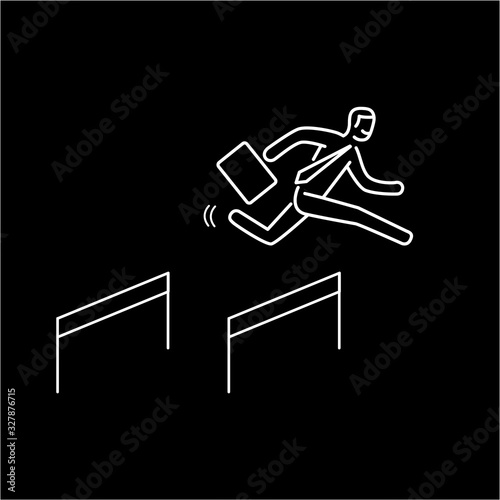 Business hurdler. Vector business illustration of businessman jumping over the obstacles | modern flat design linear concept icon and infographic white on black background