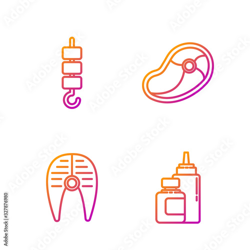 Set line Sauce bottle, Fish steak, Grilled shish kebab on skewer stick and Steak meat. Gradient color icons. Vector