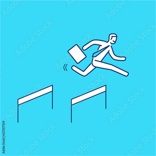 Business hurdler. Vector business illustration of businessman jumping over the obstacles | modern flat design linear concept icon and infographic on blue background