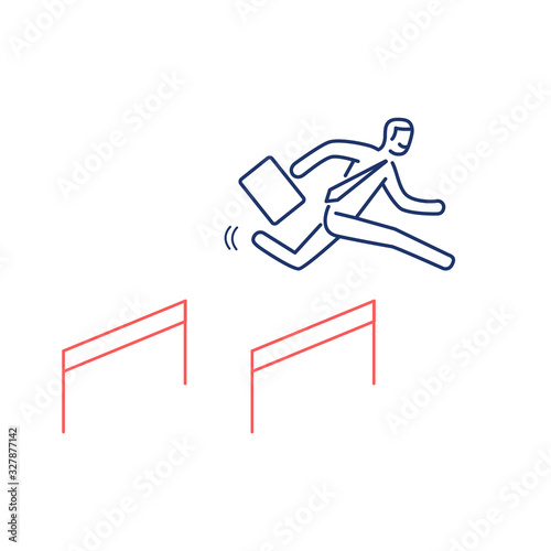 Business hurdler. Vector business illustration of businessman jumping over the obstacles | modern flat design linear concept icon and infographic red and blue on white background