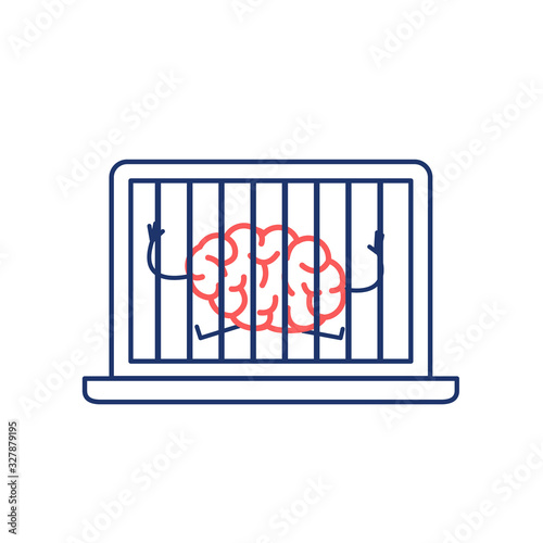 Brain imprisoned in laptop. Vector concept illustration of mind trapped inside computer | flat design linear infographic icon red and blue on white background