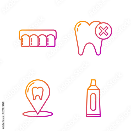 Set line Tube of toothpaste, Dental clinic location, Dentures model and Tooth with caries. Gradient color icons. Vector
