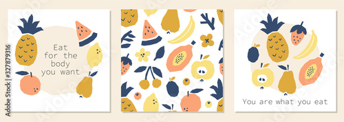 Cute Eat Healthy motivation posters with abstract fruits collage, cut paper pieces immitation, trendy minimal graphic design style