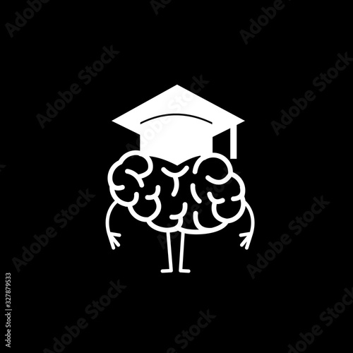 Brain in academic cap. Vector concept illustration of smart brain and great mind | flat design linear infographic icon white on black background