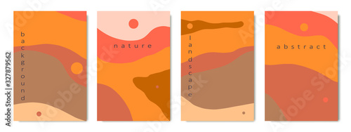 Abstract landscape background of sunset, desert, mountains. Set of four vector illustration in oriental style for flyer, cards, brochure, cover book. Concept of travel, adventure, tourism, vacation.