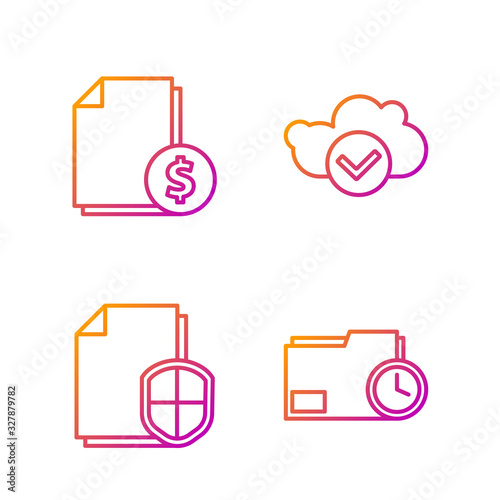 Set line Document folder with clock, Document protection concept, Finance document and Cloud with check mark. Gradient color icons. Vector