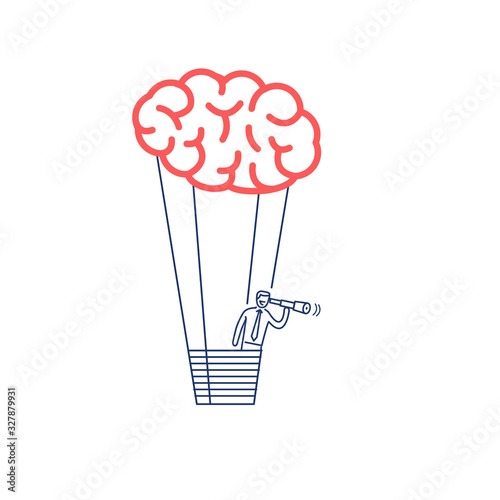 Brain baloon. Vector business illustration of businessman finding new inspiration with telescope | modern flat design linear concept icon and infographic red and blue on white background