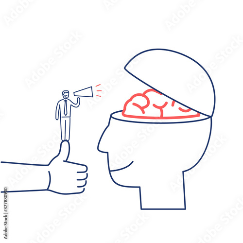 Conceptual vector advertising icon of man standing on thump up with megaphone calling to brain in open head | modern flat design marketing and business illustration red and blue on white background