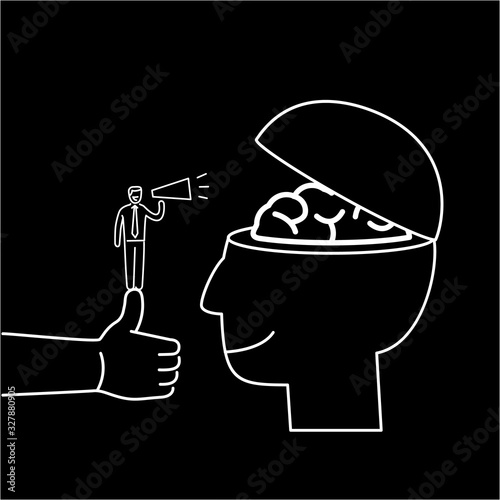 Conceptual vector advertising icon of man standing on thump up with megaphone calling to brain in open head | modern flat design marketing and business linear illustration white on black background