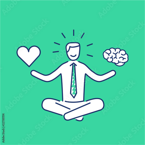 Balance. Vector illustration of meditating businessman balancing heart and brain | modern flat design linear concept icon and infographic on green background