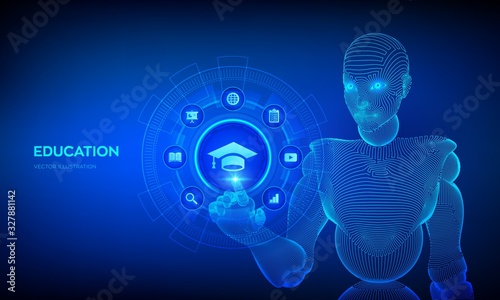 Education. Innovative online e-learning and internet technology concept. Webinar, knowledge, online training courses. Skill development. Robotic hand touching digital interface. Vector illustration.