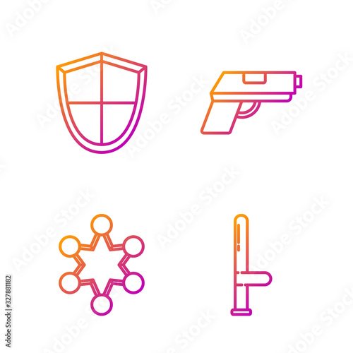 Set line Police rubber baton, Police badge, Shield and Pistol or gun. Gradient color icons. Vector