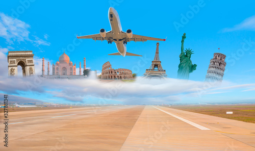 Passenger plane fly up over take-off runway airport - Famous monuments of the world with airplane  (colosseum, eiffel tower, pisa tower, Taj mahal, Arch of Triumph, Statue of Liberty, Tower bridge ) 