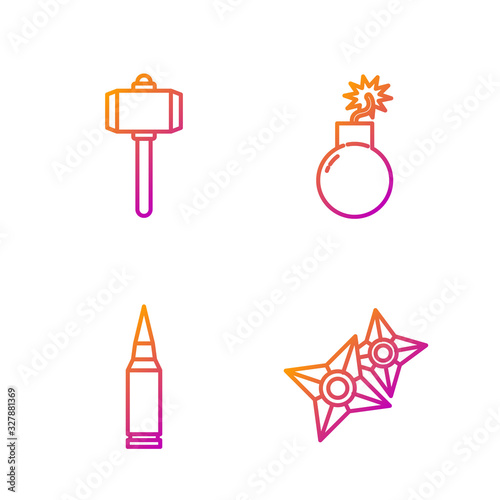 Set line Japanese ninja shuriken, Bullet, Battle hammer and Bomb ready to explode. Gradient color icons. Vector