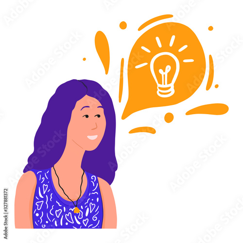 Woman smiling with lightbulb in bubble speech. Young girl with violet hair in a doodle print T-shirt. Search of ideas, innovativeness, imagination. Isolated people. Vector flat cartoon illustration.