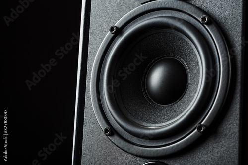 Multimedia speaker system speaker close-up on a black background.