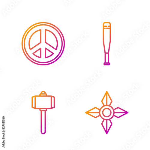 Set line Japanese ninja shuriken, Battle hammer, Peace and Baseball bat. Gradient color icons. Vector