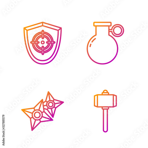Set line Battle hammer, Japanese ninja shuriken, Target sport and Hand grenade. Gradient color icons. Vector