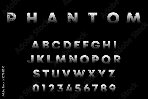 Phantom alphabet template. Letters and numbers with grunge texture. Vector illustration
