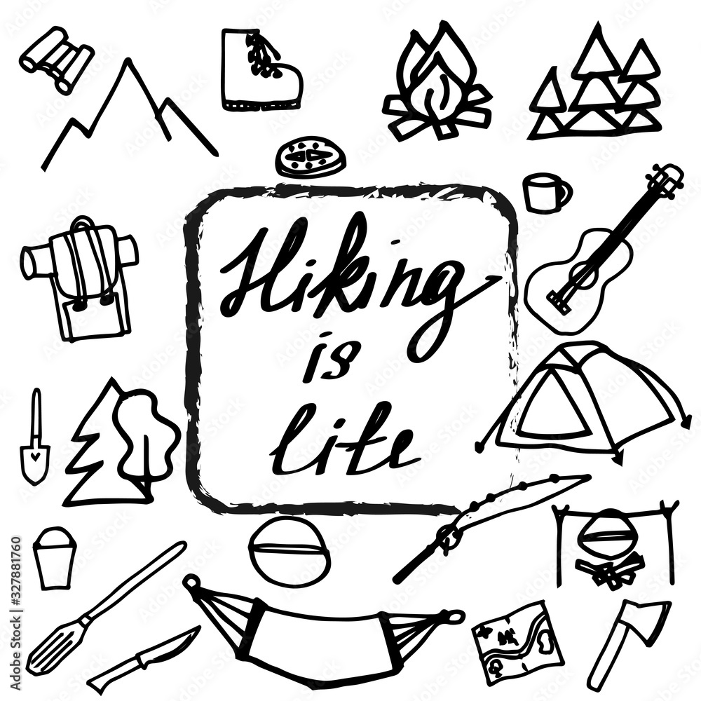 Hand drawn camping and hiking elements, isolated on white background ...