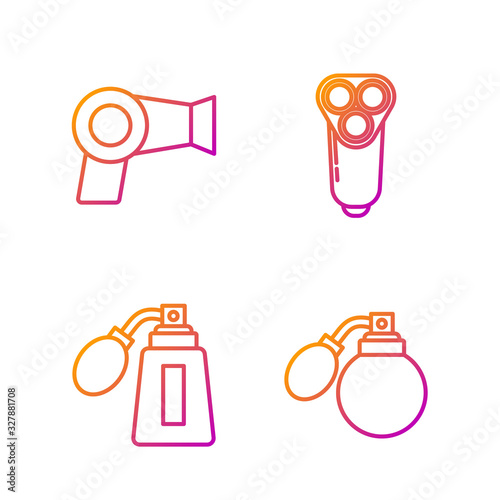 Set line Aftershave bottle with atomizer, Aftershave bottle with atomizer, Hair dryer and Electric razor blade for men. Gradient color icons. Vector