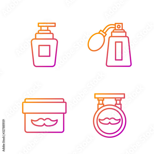 Set line Barbershop, Cream or lotion cosmetic jar, Bottle of shampoo and Aftershave bottle with atomizer. Gradient color icons. Vector