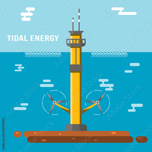 ПечатьTidal power plant. Eco friendly underwater renewable energy sources. Flat vector illustration. Alternative electricity generators. Hydro power turbine.