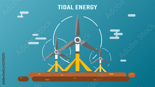 ПечатьTidal power plant. Eco friendly underwater renewable energy sources. Flat vector illustration. Alternative electricity generators. Hydro power turbine.