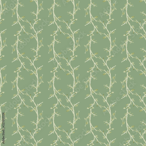 Seamless watercolor hand-drawn patterns. Columns of twisted tree branches with buds, leaves on a mint color background. Beautiful design for wallpaper, textile, home interior, decor, poster, fabric