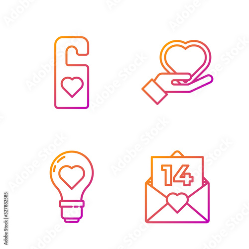 Set line Envelope with Valentine heart, Heart shape in a light bulb, Please do not disturb with heart and Heart on hand. Gradient color icons. Vector
