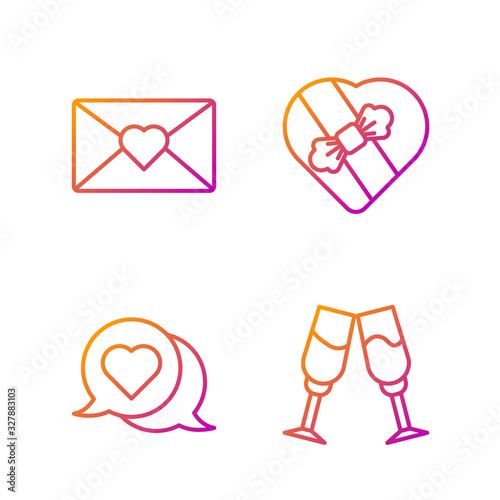 Set line Glass of champagne, Heart in speech bubble, Envelope with Valentine heart and Candy in heart shaped box. Gradient color icons. Vector