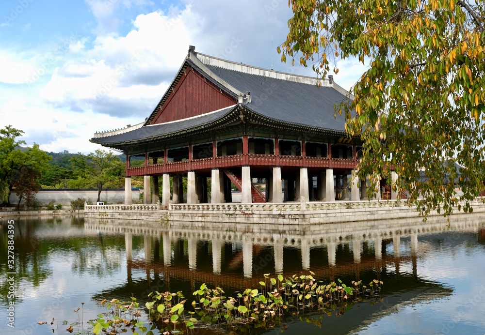 Korean Building reflecting in water at Gyeongbokgung Palace Korean Building reflecting in water at Gyeongbokgung Palace