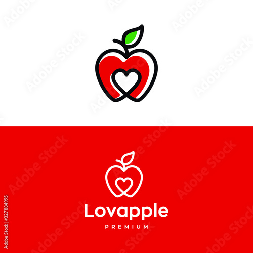 Creative apple logo with love Heart Inside and leaf icon Design Symbol Illustration in trendy colorful lonear line style 