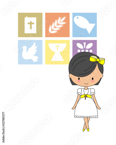 First communion card. Girl with religious icons. Space for text