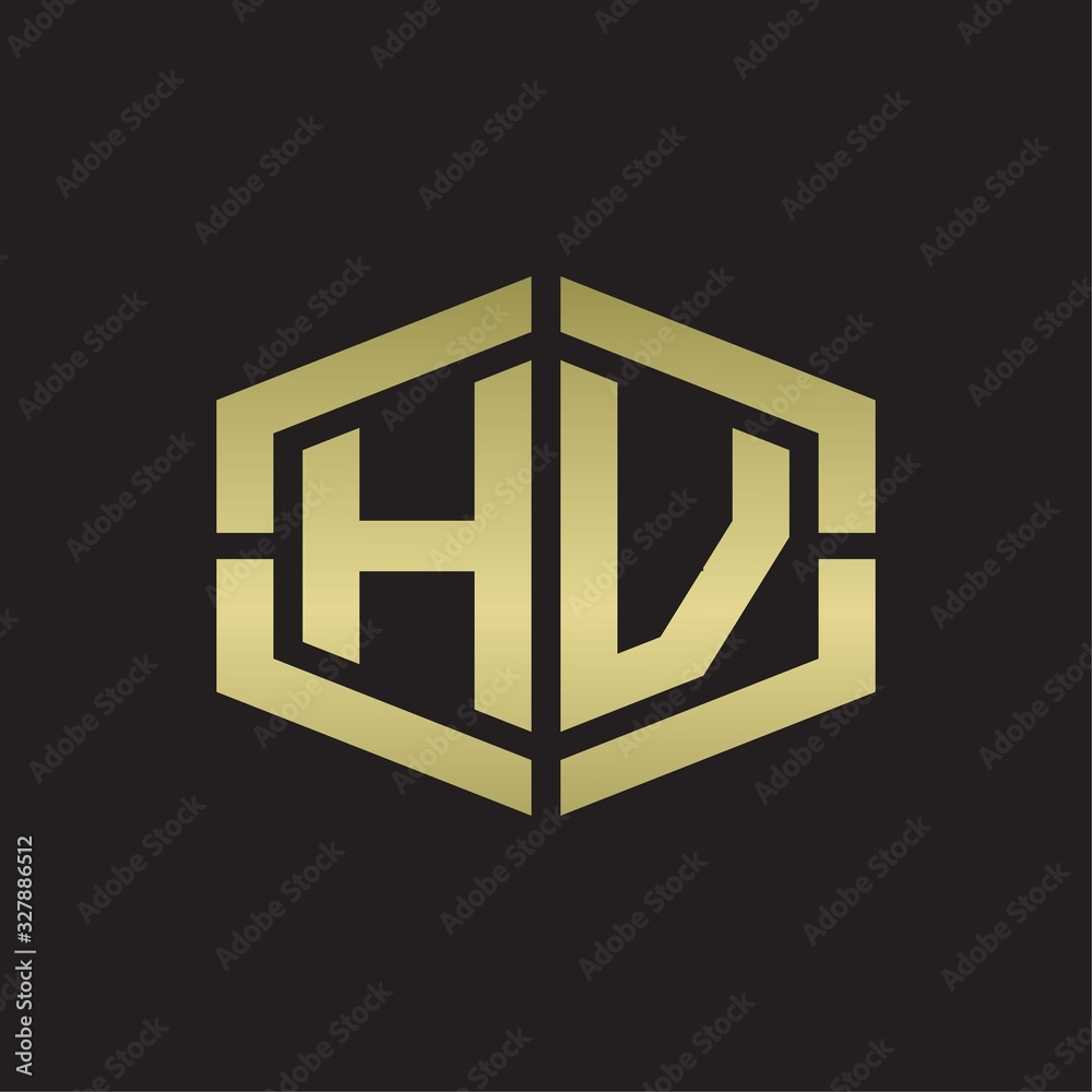 HV Logo monogram with hexagon shape and piece line rounded design tamplate on gold colors HV Logo monogram with hexagon shape and piece line rounded design tamplate on gold colors