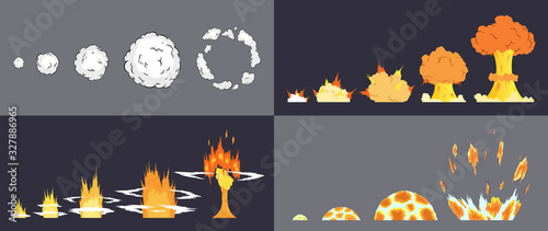 Animation of explosion effect in cartoon comic style. Cartoon explosion effect with smoke for game. Sprite sheet for cartoon fire explosion, flash game effect animation