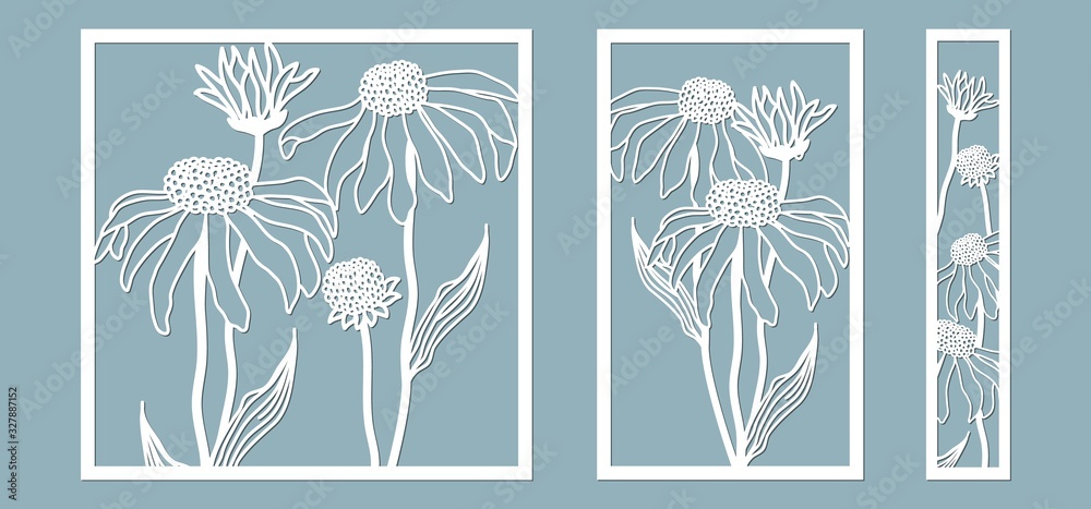 template for laser cutting and Plotter. Flowers, leaves, bouquet for decoration. Vector illustration. echinacea flower. plotter and screen printing. serigraphy...