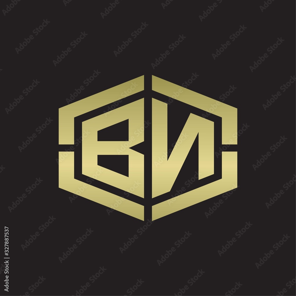BN Logo monogram with hexagon shape and piece line rounded design tamplate on gold colors BN Logo monogram with hexagon shape and piece line rounded design tamplate on gold colors